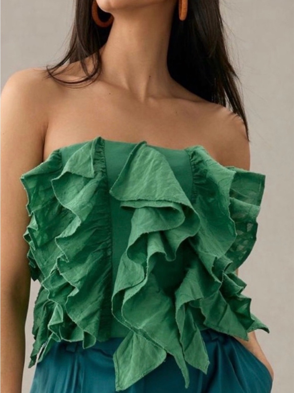 Strapless Green Ruffle Cotton Top